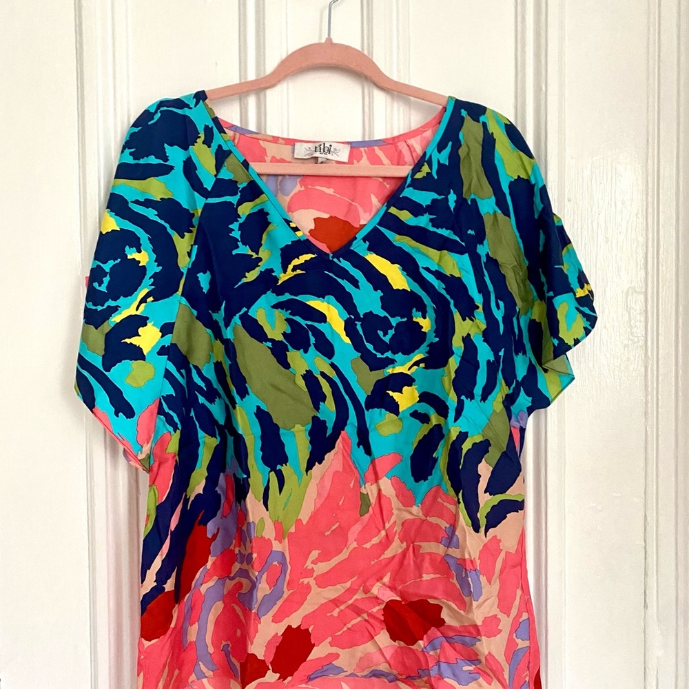 Tibi Blue and Green Tropical Print Top